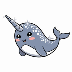Cute Kawaii Narwhal Illustration with Sparkly Horn