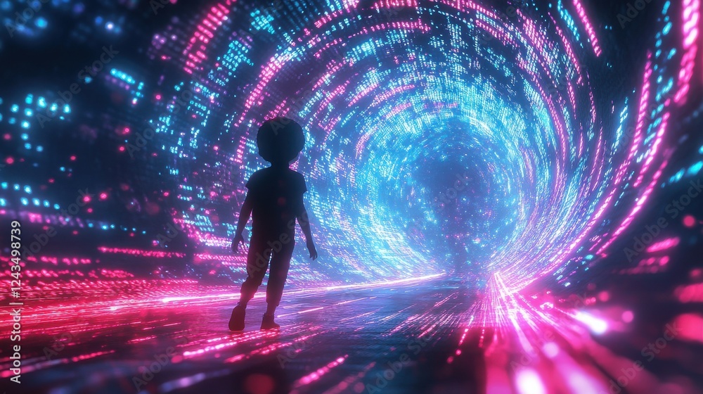 Aufkleber child glowing in a vibrant tunnel of light exploring a digital world at dusk showing the beauty of i