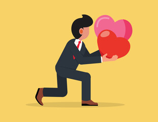 Happy Valentine's Day. Businessman kneeling giving heart