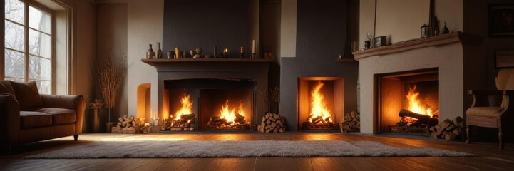 The flames of a roaring fireplace cast a warm and golden glow across the room, creating a cozy and inviting atmosphere, rustic decor, warm glow