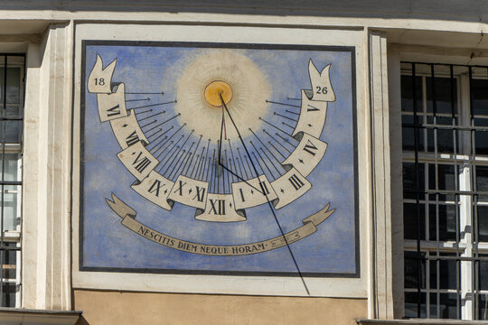 Sundial painted on the south wall of the Cathedral of Saint Nicholas 1826 in Ljubljana, Slovenia.