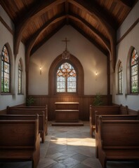 Fototapeta premium The interior of the small church features a simple wooden pew and stained glass windows , divine, colored glass