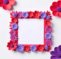 Obraz premium Red and purple flowers frame around greeting card mockup with empty blank space template isolated on white background