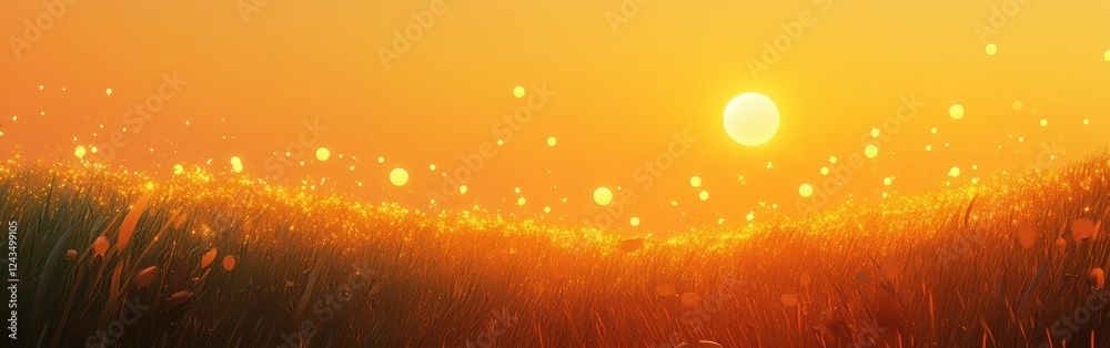 Poster vibrant field of lush green grass illuminated by a golden sunset with shimmering light particles dan