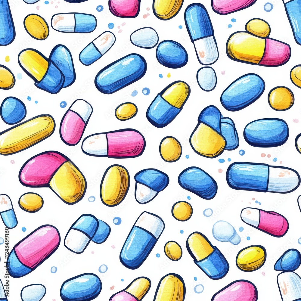 Poster bright and playful watercolor doodles of various colorful capsules and pills scattered across a whit
