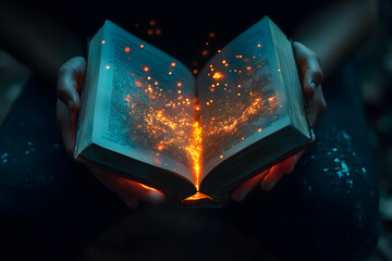 Fototapeta premium Glowing particles emanating from an open book held by hands in a dark environment