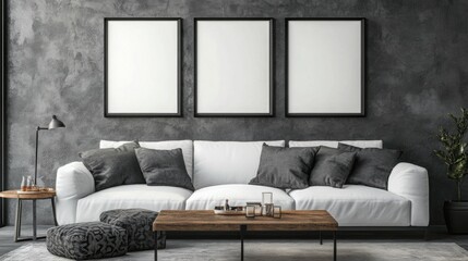 Modern living room with white sofa and empty frames on textured wall