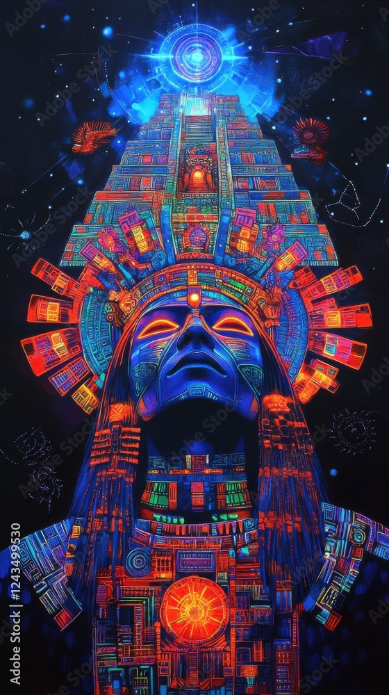 Aufkleber Vibrant silhouette of a man against a cosmic backdrop with intricate patterns and glowing elements at night