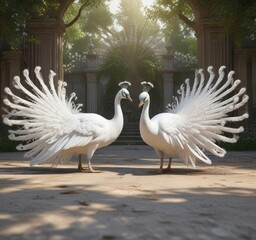 White peacock performing courtship ritual with elegant movements, courtship, white peacock