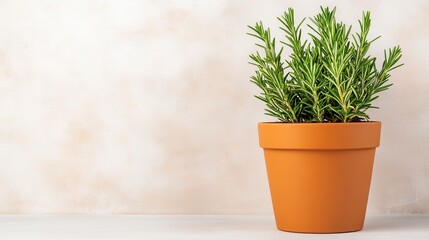 Fototapeta premium Fresh Rosemary Plant in Terracotta Pot Against Beige Background