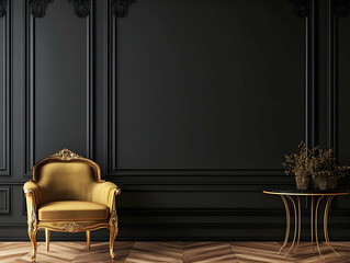 A black wall with a dark gray background, adorned with an elegant golden chair and table.