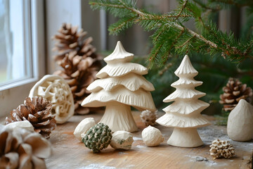 Handmade holiday decorations crafted from natural clay materials