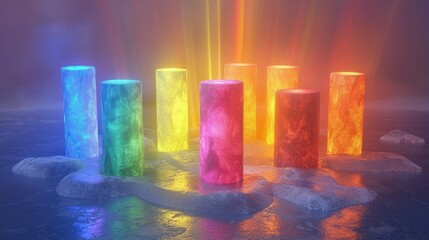 3D rendering of an empty room with glowing neon light rays along the walls, creating a vibrant, modern atmosphere. Ideal for futuristic, tech, or digital design themes.