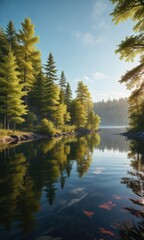 Obraz premium Wide-angle view of a serene lake and surrounding trees, feathered observer, water reflections, lake landscape