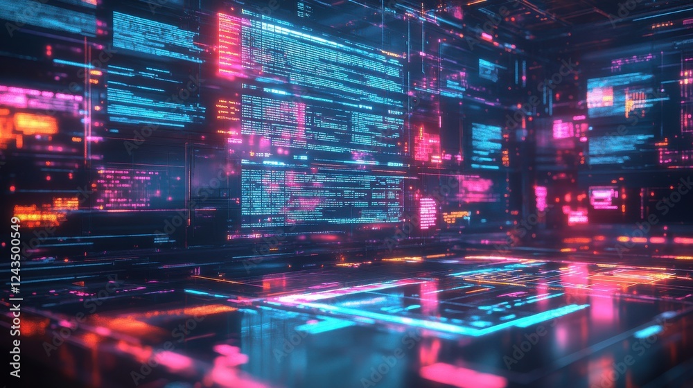 Poster a vibrant digital landscape filled with glowing data streams and colorful code, creating a futuristi