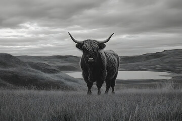 Highland cow with prominent horns standing in a serene landscape