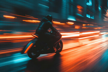 High-speed motorcycle racing on a highway with urban lights creating motion effects
