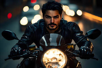 High-speed motorcycle racing on a highway with urban lights creating motion effects