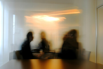 Blurred office environment with employees in a professional meeting setting