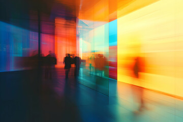 Blurred view of a team in a group meeting with an engaging presentation in a modern office