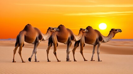 Four Brown Camels Walking at Desert Sunset