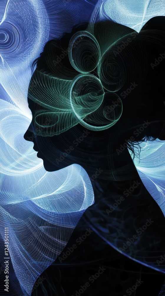 Poster surreal illustration of a glowing woman in a mystical atmosphere with abstract patterns and vibrant 
