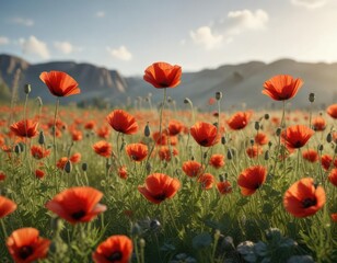 Obraz premium Wild red poppies swaying in the warm summer breeze, sunny day, blooming flowers, summer meadow