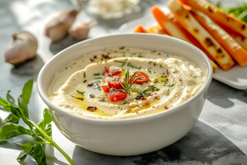 Bowl of creamy hummus paired with fresh vegetable sticks