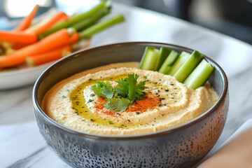Bowl of creamy hummus paired with fresh vegetable sticks