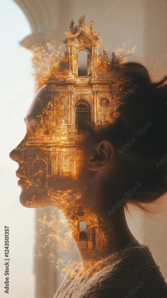 Poster surreal representation of a glowing woman merging with architectural elements at sunset