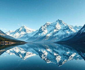 Obraz premium Towering snow-capped mountains reflected perfectly in the still waters of a serene lake, calm water, lake reflection, snowy peaks