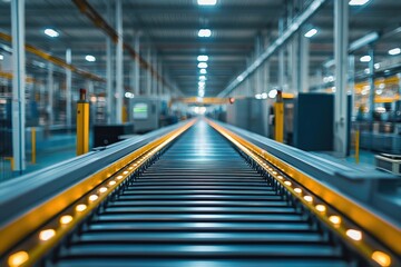 Fototapeta premium modern warehouse interior featuring automated conveyor system, showcasing efficiency and advanced technology in logistics. bright lighting enhances industrial atmosphere