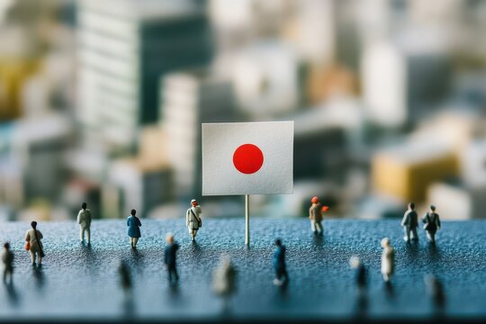日本国旗とミニチュアの人々の小さな世界（JAPAN・愛国心・経済・グローバル・日本社会・共同体）