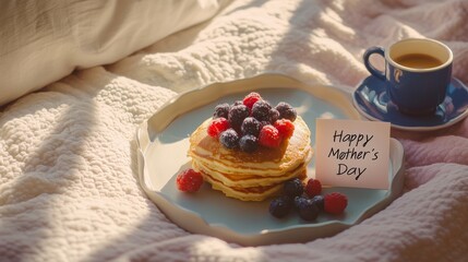 Celebrating Mother's Day with pancakes and coffee on a cozy bed