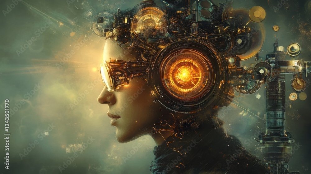 Poster Surreal representation of a glowing man with intricate mechanical elements illuminating his profile in a dark, ethereal setting