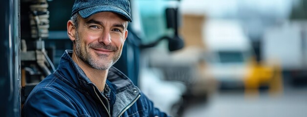 Experienced transportation manager overseeing loading operations, smiling confidently in logistics environment. His role is crucial for efficient cargo handling and safety