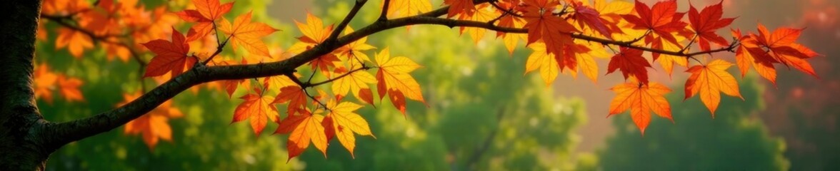 Fototapeta premium Tree branches with bright yellow red green leaves in a garden, botanical, foliage