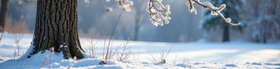 Tree trunk in frosty snow covered landscape with bare branches, foliage, branches