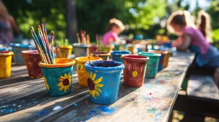 Sunny picnic table filled with colorful art supplies ready for creative outdoor activities