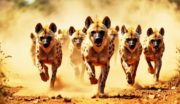 a group of hyenas runing on the dusty ground
