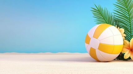 Yellow and White Beach Ball on Sandy Beach with Tropical Plants and Light Blue Sky