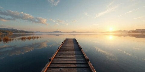 Wooden dock at sunrise with reflection on calm lake, sunny morning, morning sun, wooden pier