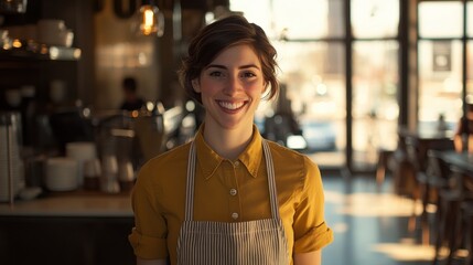 Smiling cafe manager in a sunny coffee shop during a busy morning, creating a welcoming atmosphere for customers
