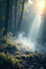 Fototapeta premium A delicate, shimmering silver mist rises from the ground, shimmering silver, ethereal, gossamer