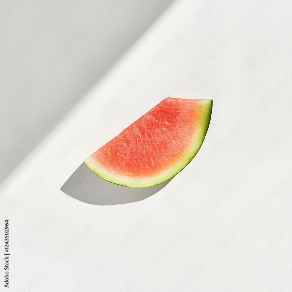 Poster fresh watermelon slice displaying juicy red flesh with vibrant green rind on a clean white backdrop