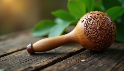 Wooden massage tool with intricate carvings on a peaceful background, healing, texture, earthy