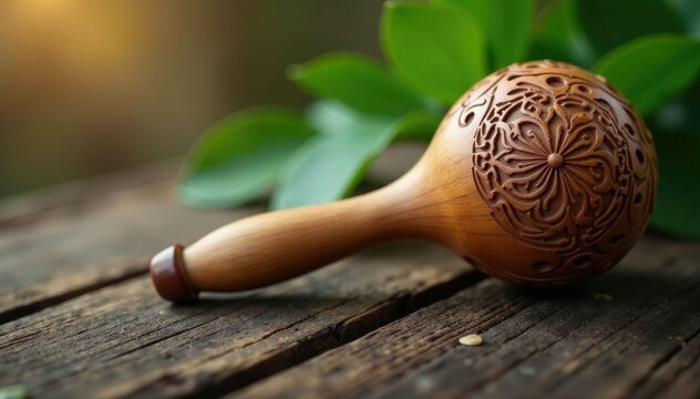 Wooden massage tool with intricate carvings on a peaceful background, healing, texture, earthy