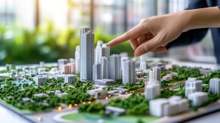 hand pointing at architectural model of city with various buildings and greenery, showcasing urban planning and design