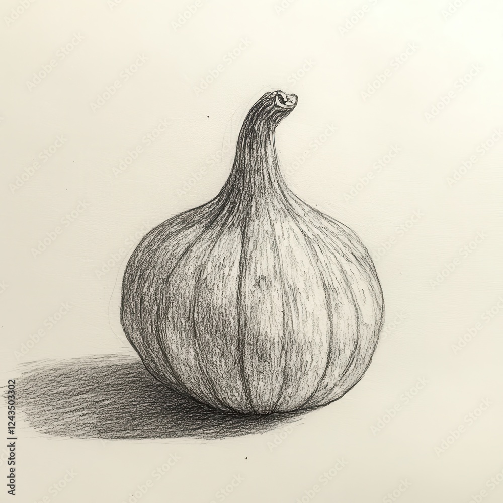 Poster detailed sketch of a single ridged gourd showcasing natural texture and shadow effects in monochrome
