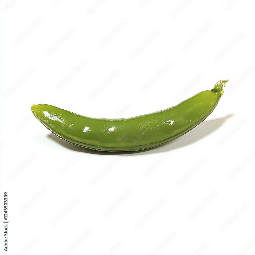 Poster fresh snap pea pod on a white background highlighting its glossy texture and vibrant green color